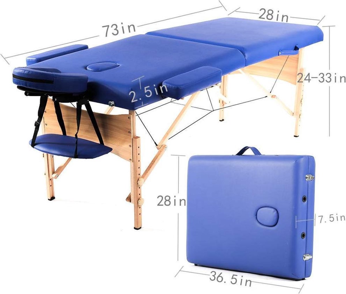 BestMassage MT-T1-Blue - Massagetafel, draagbaar massagebed, lengte 186 cm, hoogte verstelbaar, tweevoudig inklapbaar, gezichtskussen, draagtas, blauw